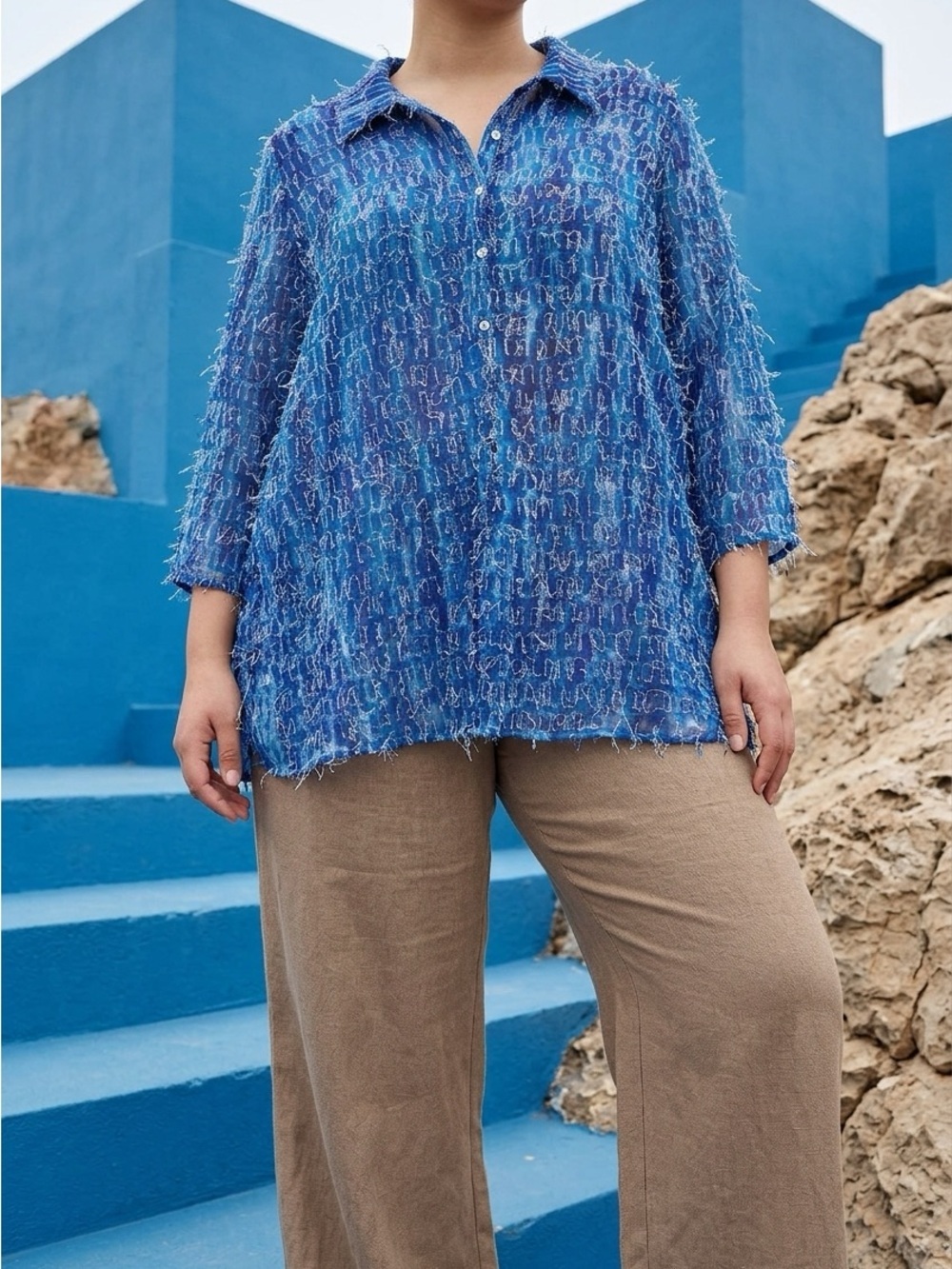 Picadilly Fashion Blue Frayed-Texture Button Down Shirt